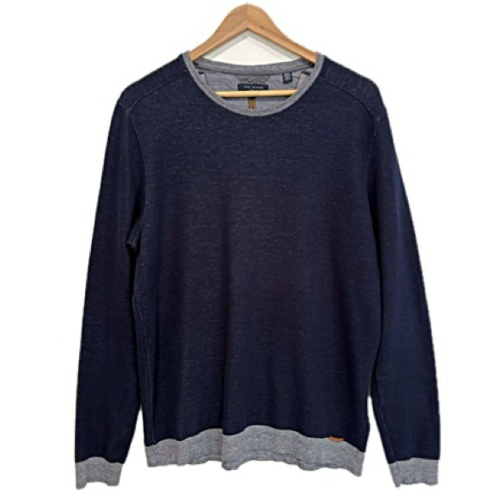 Ted Baker London Mens Sweatshirt Size 4 Large Navy Cotton Striped Trim Crewneck